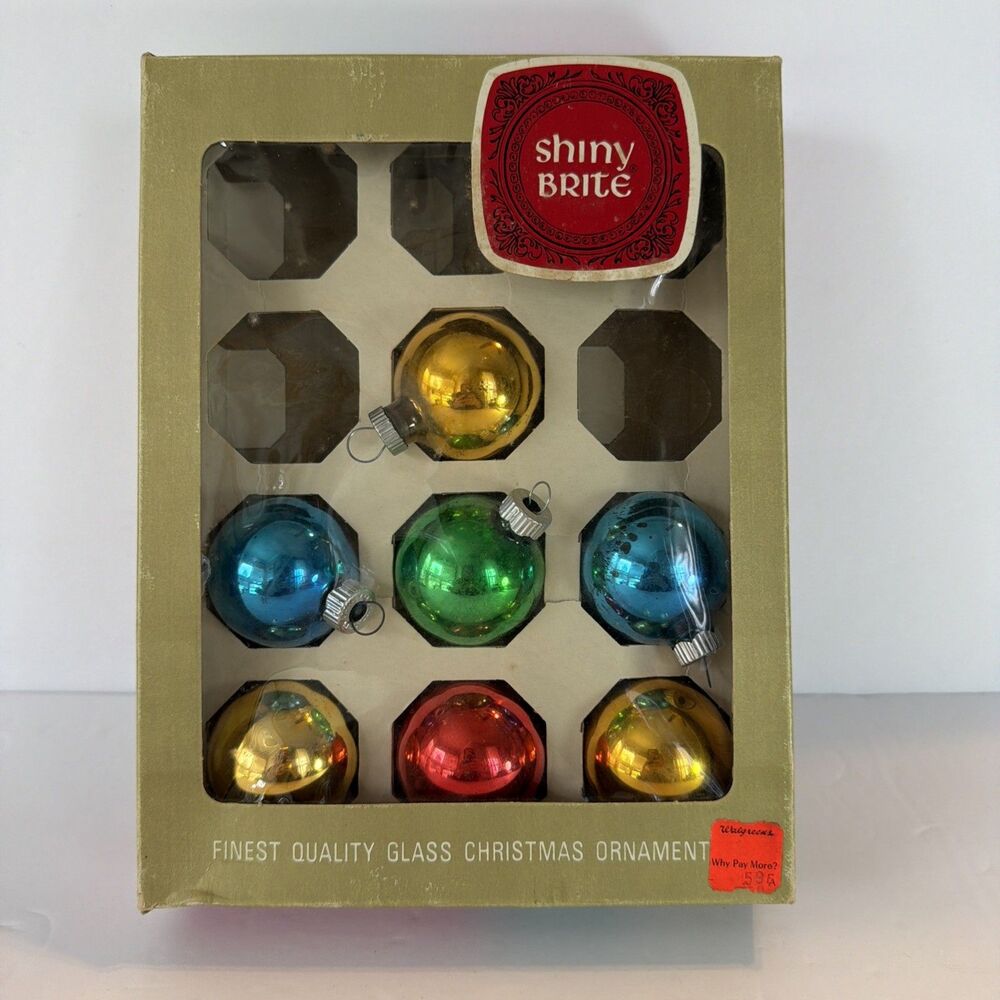 7 Vintage Shiny Brite Christmas Ball Ornaments Multicolor w box Made In USA